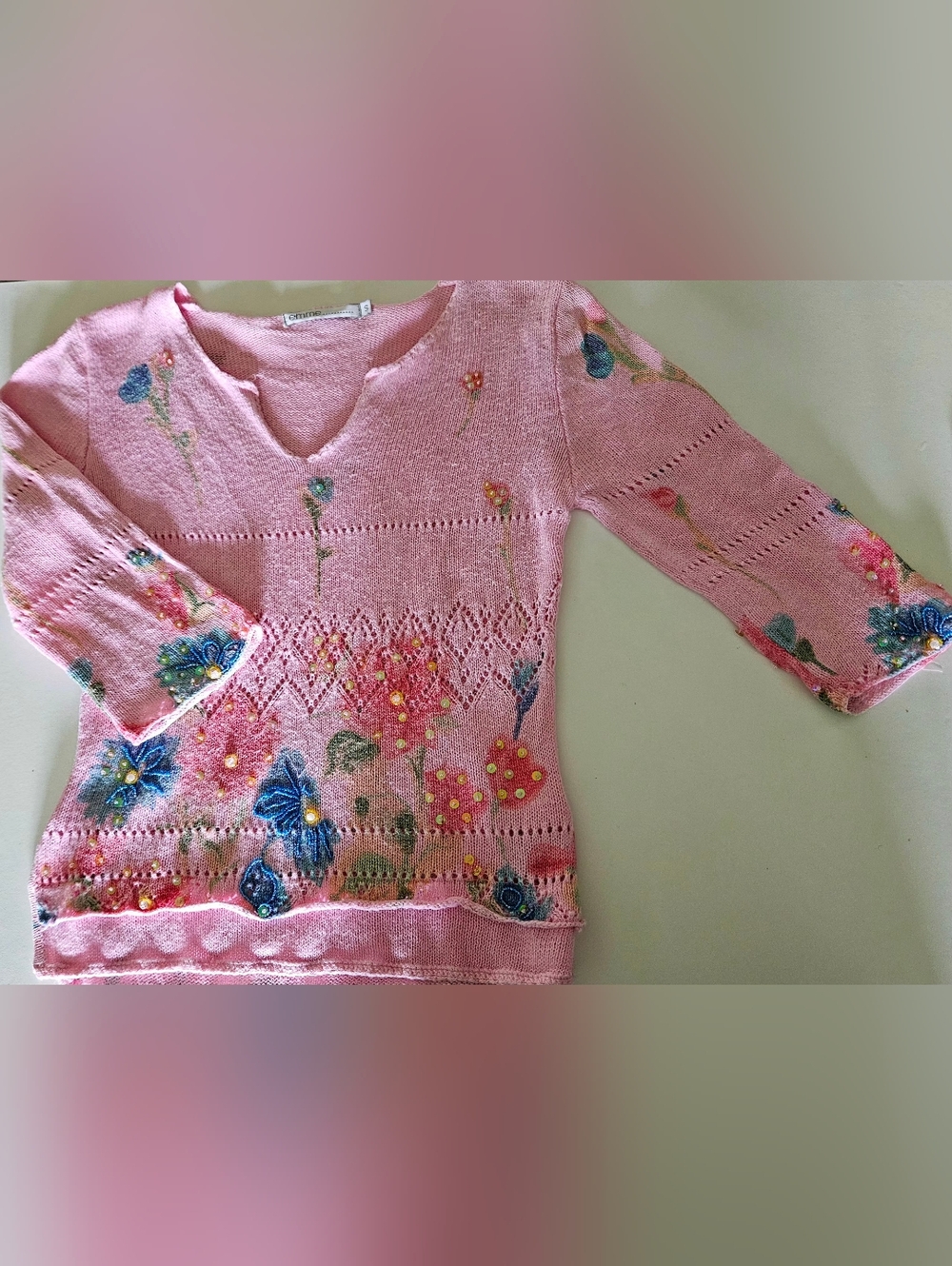 Vtg Emme Pink Floral Knit Sweater • Sequin & Bead Embellished • Size S